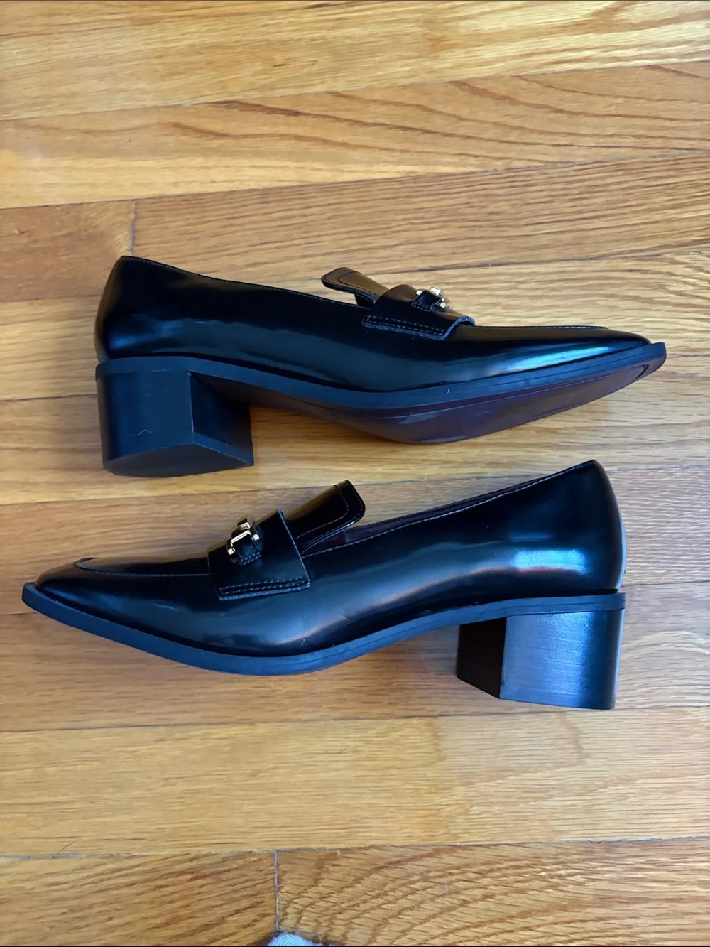 Franco Sarto Black Patent Leather Loafers with Gold Bit